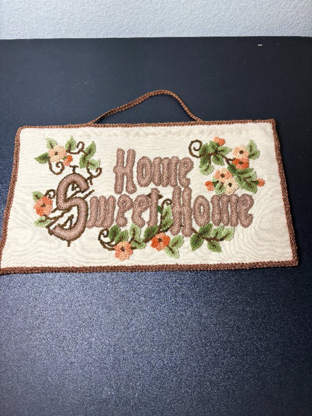 Vintage Home Sweet Home Crewel Latch Hook Fabric Wall Decor Sign